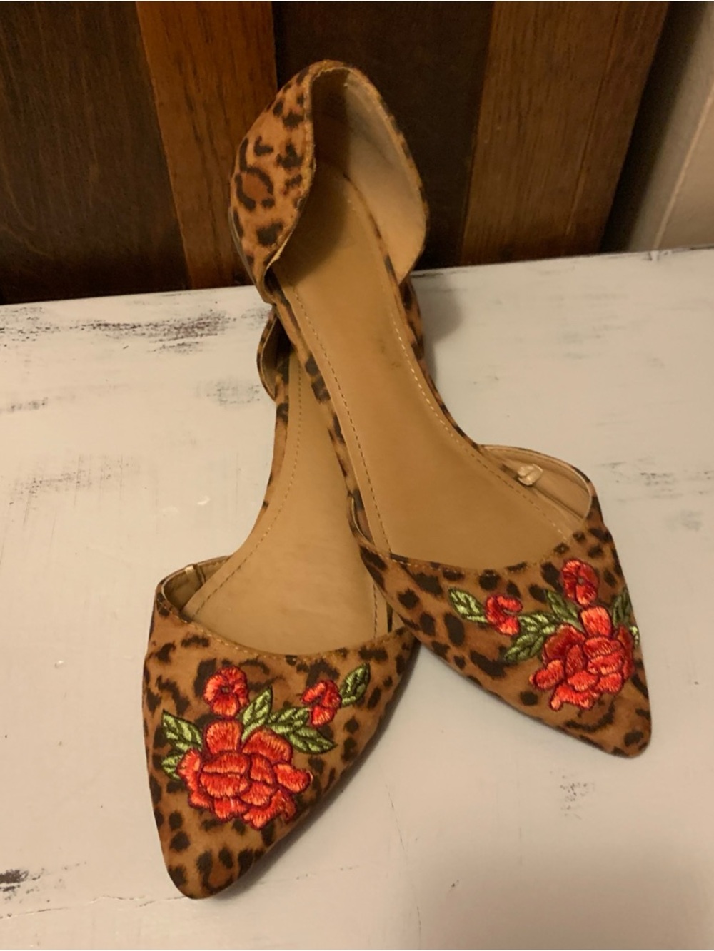 Leopard Print Pointed Flats with Red Floral Embroidery - Women 81/2